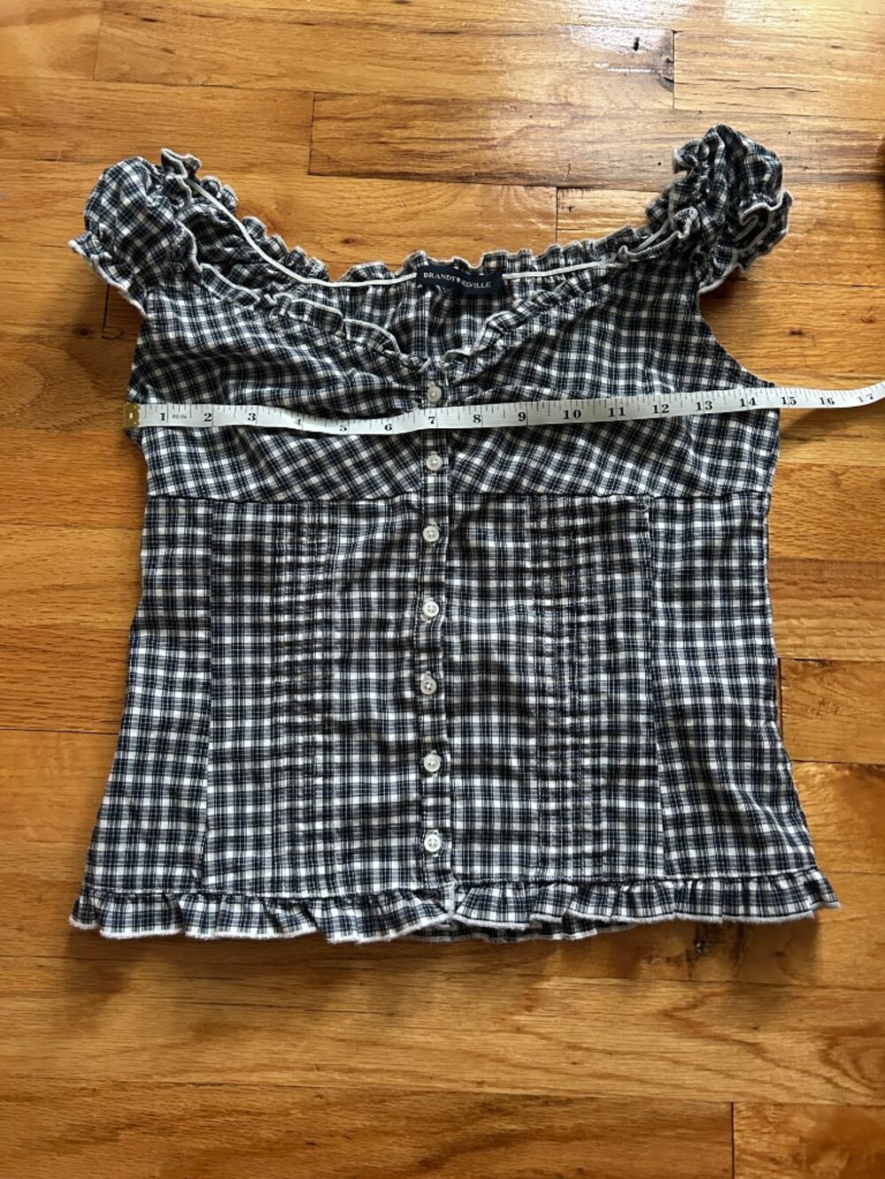 Brandy Melville Dark Blue Gingham Top Women's Ruffled Sleeves Neckline Button-Up - Picture 10 of 11